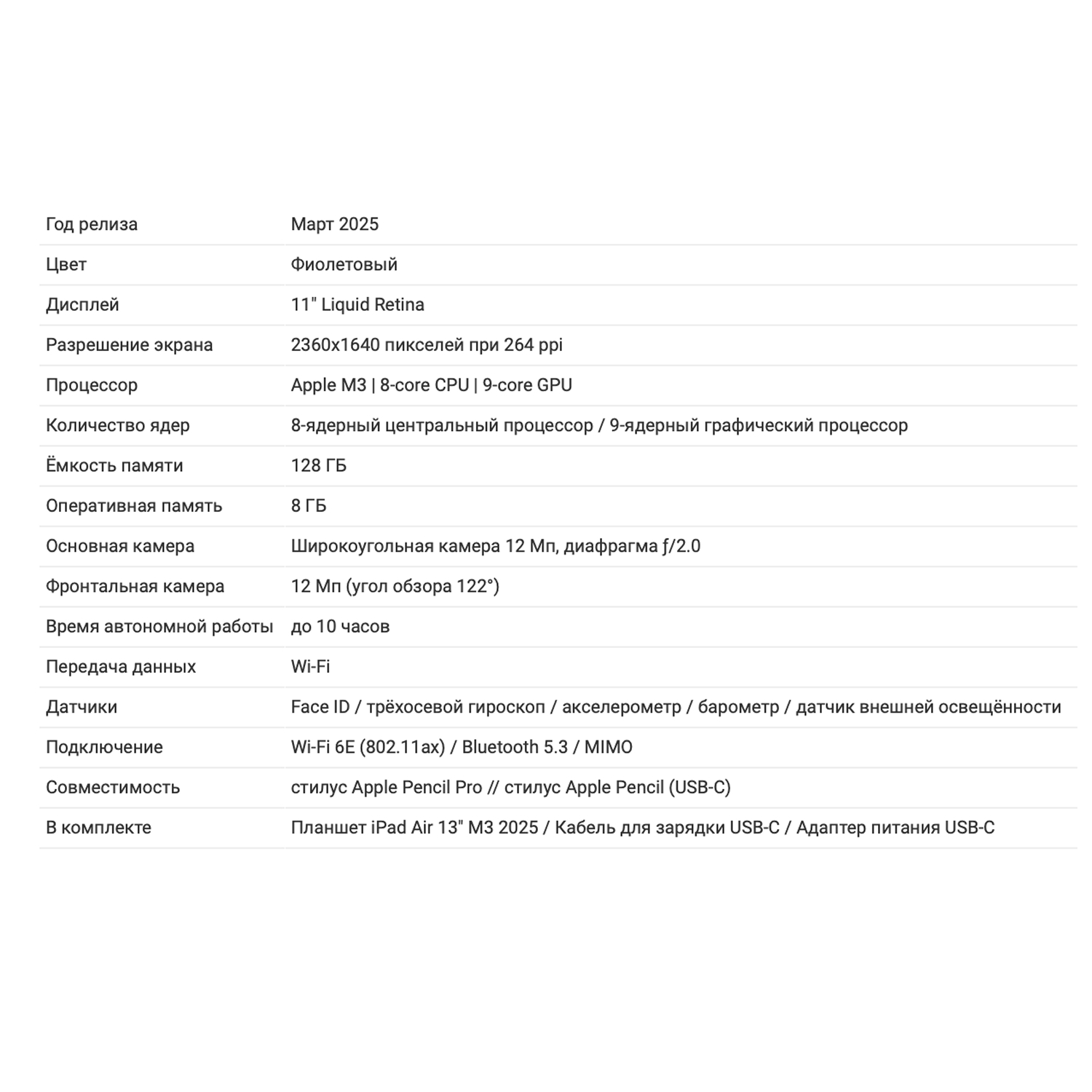 Планшет Apple iPad Air 11" M3 (2025) 128GB Wi-Fi Purple (Фиолетовый)